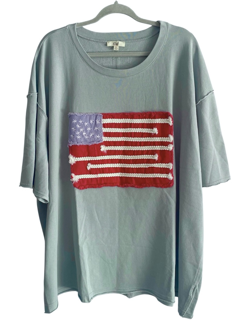 Easel Embroidered Flag T-Shirt USA Flag Graphic Light Blue Womens Plus Size 3XL